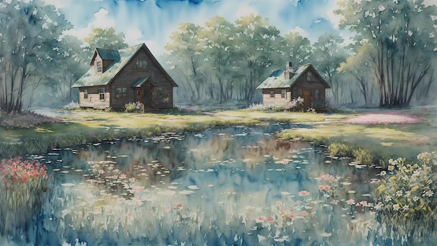 Watercolor painting of a wooden house on the shore grass and a swamp