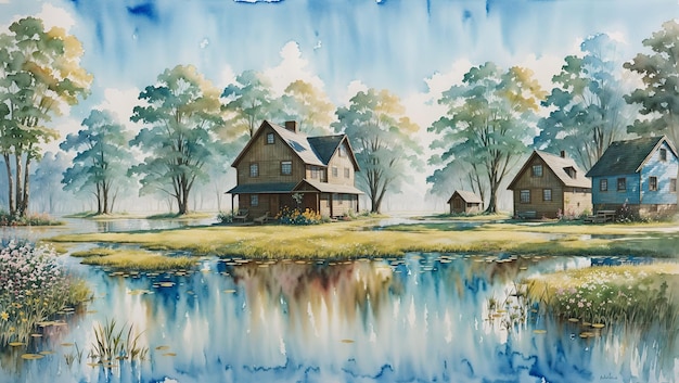 Watercolor painting of a wooden house on the shore grass and a swamp