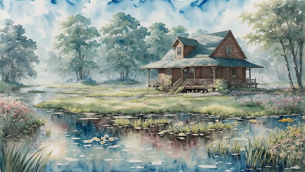 Watercolor painting of a wooden house on the shore grass and a swamp