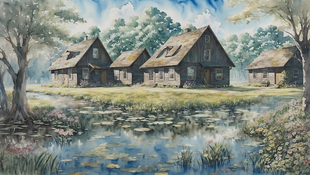 Watercolor painting of a wooden house on the shore grass and a swamp