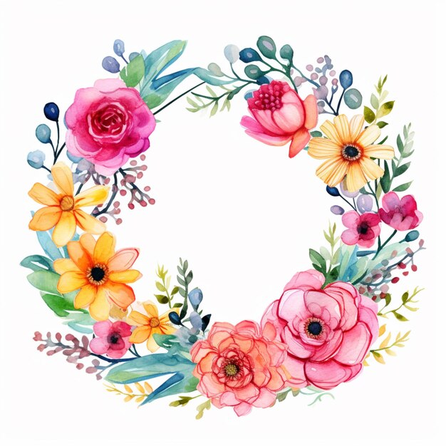 Photo a watercolor painting of a wreath of flowers and leaves generative ai
