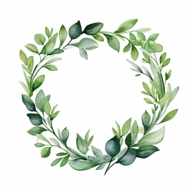 Photo a watercolor painting of a wreath of green leaves and branches generative ai