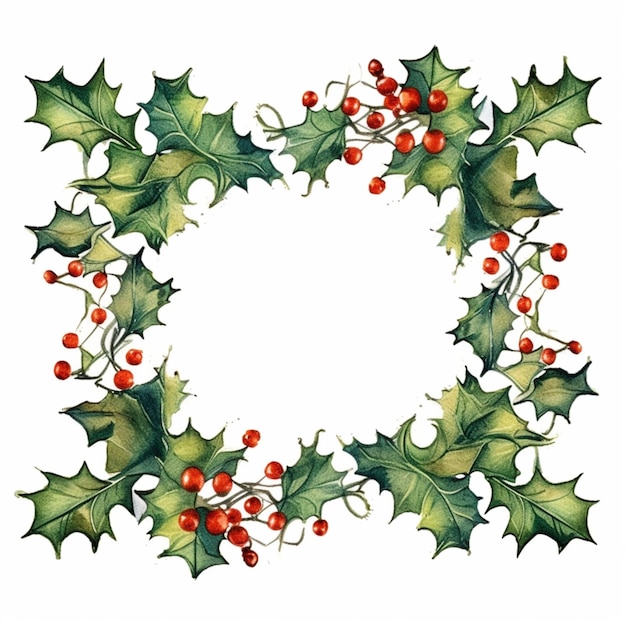 A watercolor painting of a wreath of holly leaves and berries generative ai