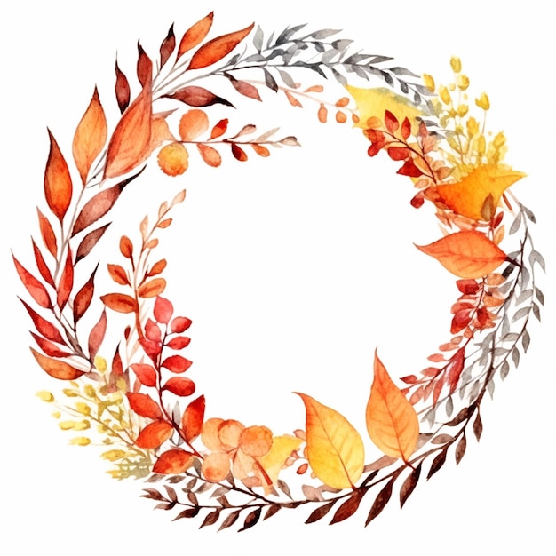 a watercolor painting of a wreath of leaves and flowers generative ai