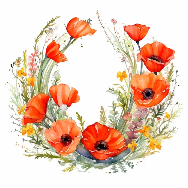 A watercolor painting of a wreath of red poppies.
