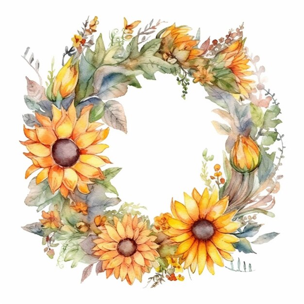 a watercolor painting of a wreath of sunflowers and leaves generative ai