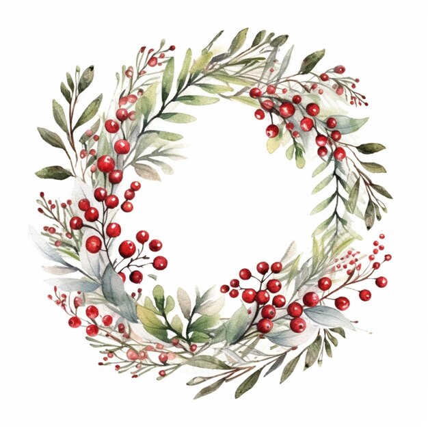 A watercolor painting of a wreath with red berries and green leaves generative ai