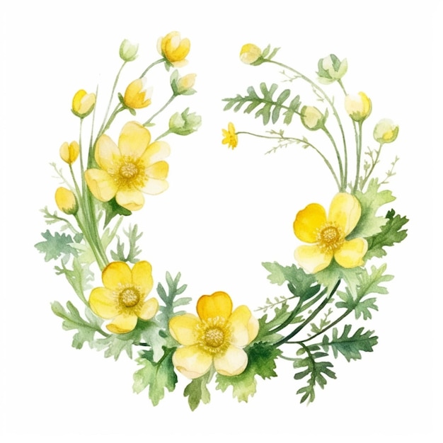 A watercolor painting of a wreath of yellow flowers with green leaves.