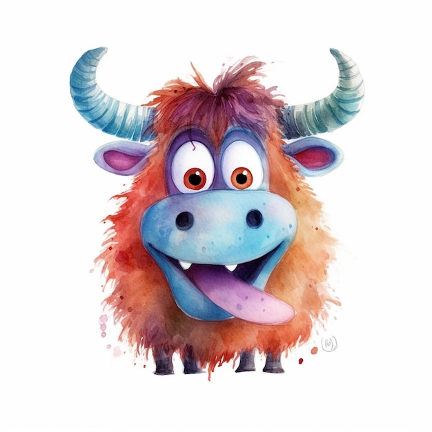 A watercolor painting of a yak with a blue nose and a pink tongue sticking out.