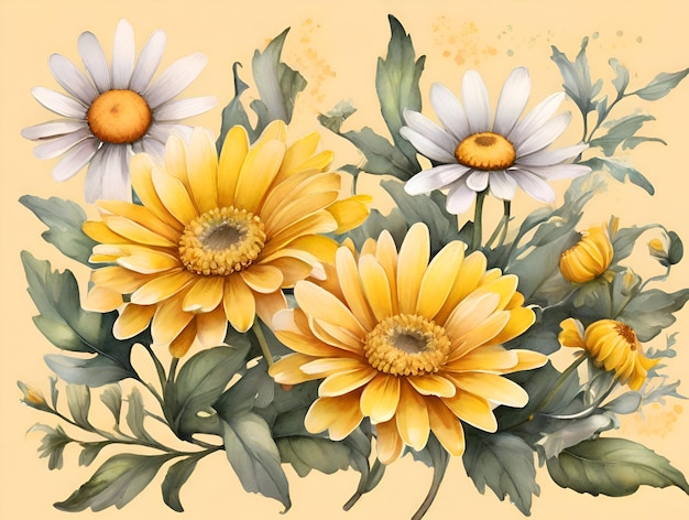 Watercolor painting of yellow daisy flowers