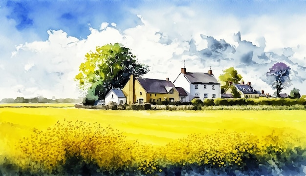 A watercolor painting of a yellow field with a yellow field of flowers.