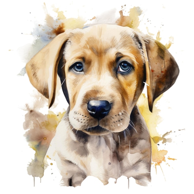 A watercolor painting of a yellow labrador puppy.
