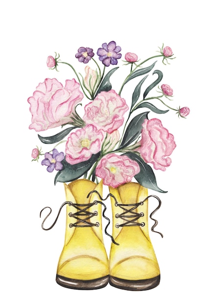 A watercolor painting of a yellow rubber boot with flowers in it.