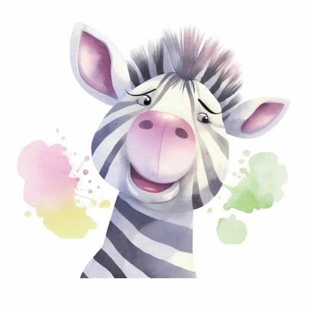 A watercolor painting of a zebra with a pink nose and a black nose.