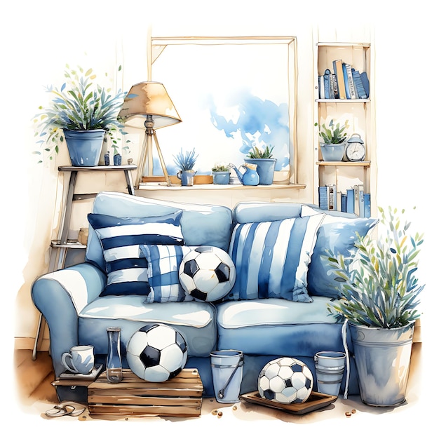 Photo watercolor paintings of cozy furnished rooms and decorated interiors from countries and cultures
