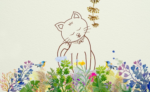 水彩画ファンタジービンテージスタイルアート花の猫と野花の庭と鳥の葉
