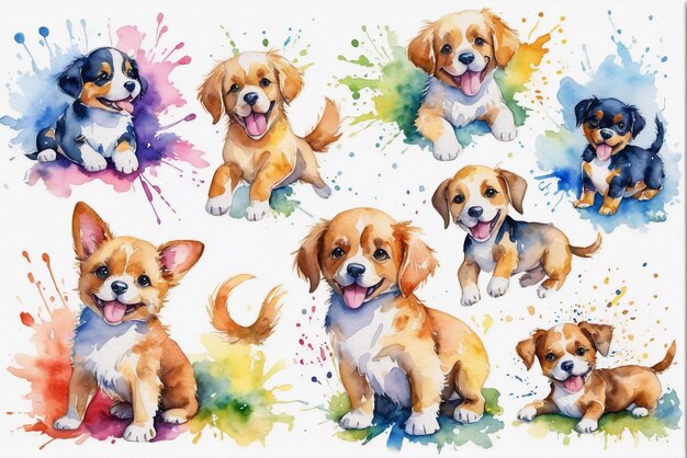 Photo watercolor paintings of several dogs playing in various adorable poses