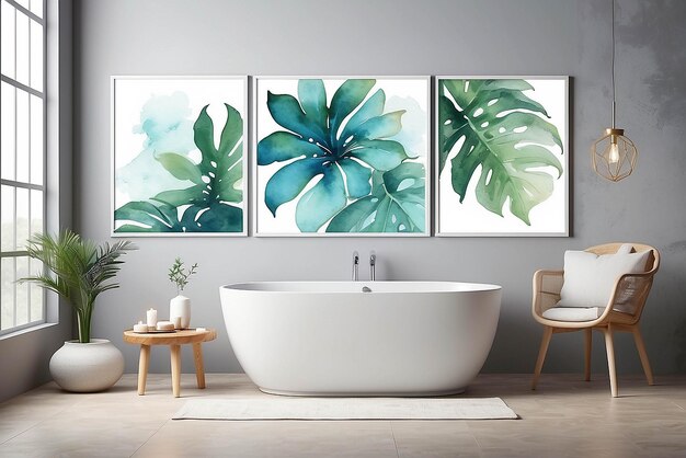 Photo watercolor paintings in a spa relaxation room mockup with blank white empty space for placing your design