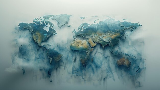 Watercolor palette with paintbrushes and world map on white background