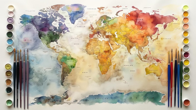 Watercolor palette with paintbrushes and world map on white background