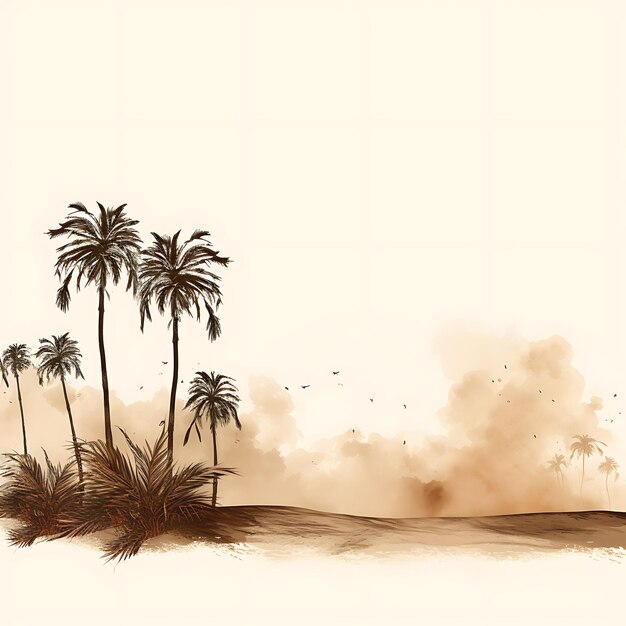 Watercolor of Palm Oasis Palm Trees in Desert Greens and Sandy Browns Palm 2D Design Clipart Flat