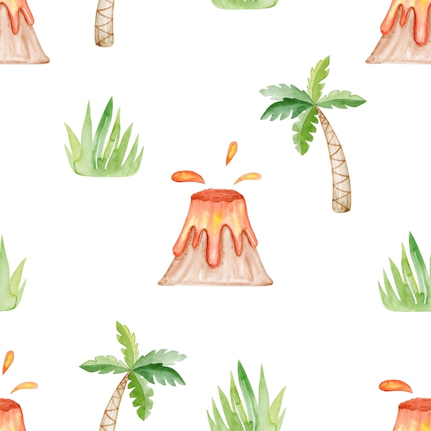 Photo watercolor palm trees and volcano seamless pattern on white background