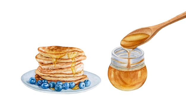 Watercolor pancakes with blueberry, honey jar isolated.