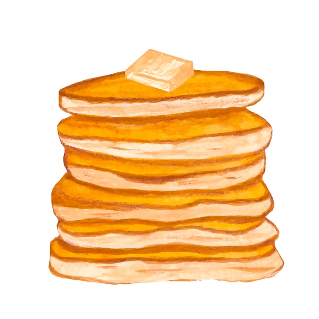 Watercolor pancakes with butter on white background for menu decor