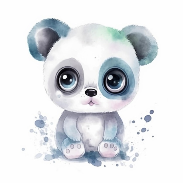 Watercolor panda bear with big blue eyes sitting on a puddle.