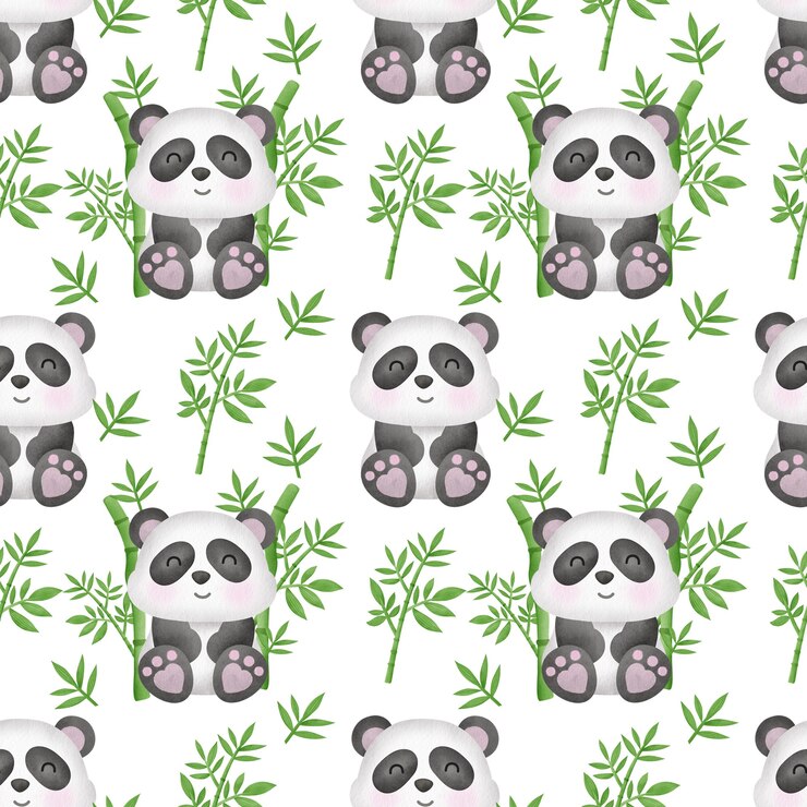 Photo watercolor panda with bamboo seamless pattern