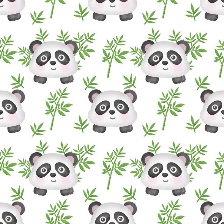 Photo watercolor panda with bamboo seamless pattern