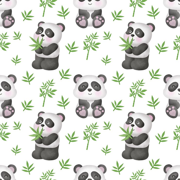 Photo watercolor panda with bamboo seamless pattern