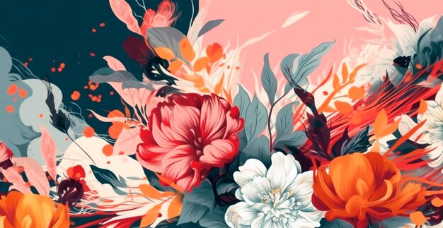 Watercolor panoramic background painted flowers with paint AI generated image