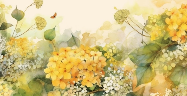 水彩パノラマ背景ペイントで花を描いたAI生成画像