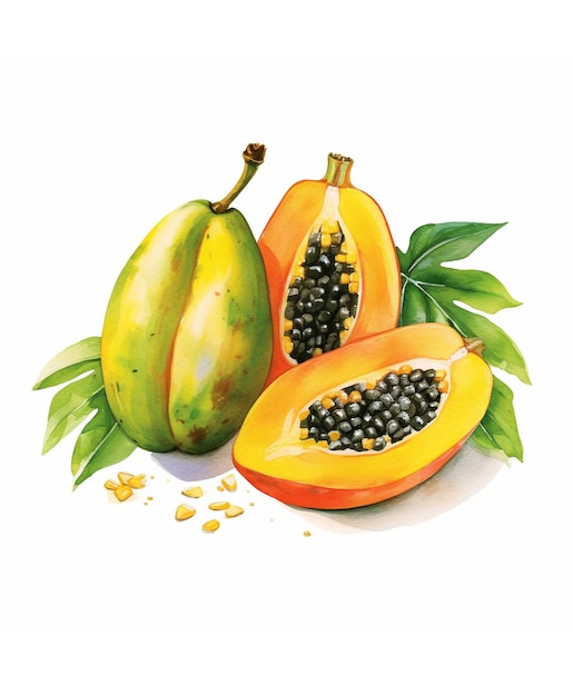 Watercolor papaya on white background