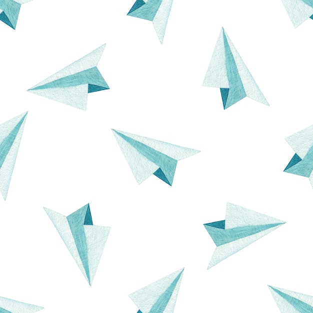 Photo watercolor paper airplanes seamless pattern on white background