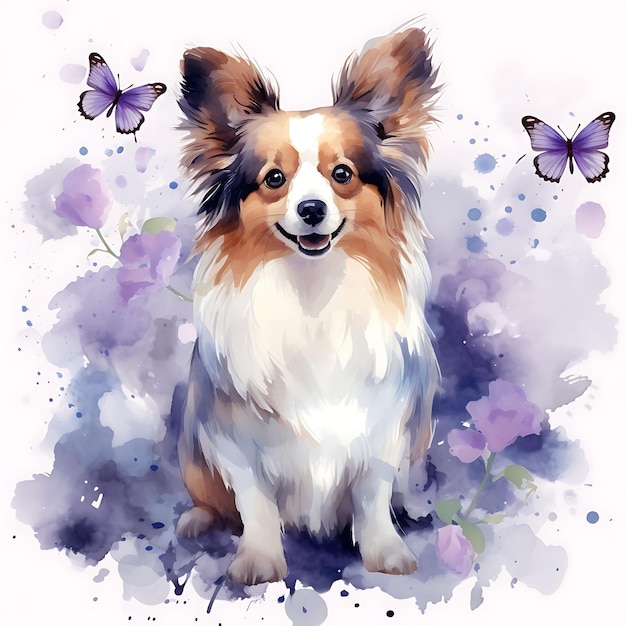 Watercolor papillon dog surrounded with violets flower empha on white background digital art