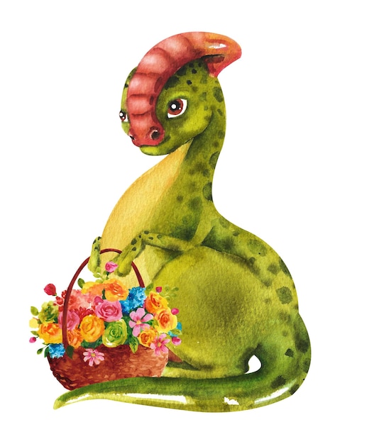 Watercolor parasaurolophus Green dinosaur with a basket of flowers