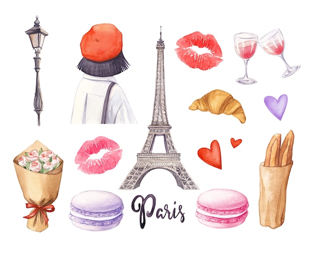 Insieme dell'acquerello di parigi croissant e macarons disegnati a mano della ragazza della torre eiffel su un bianco