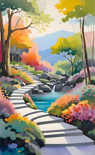 Watercolor park landscape