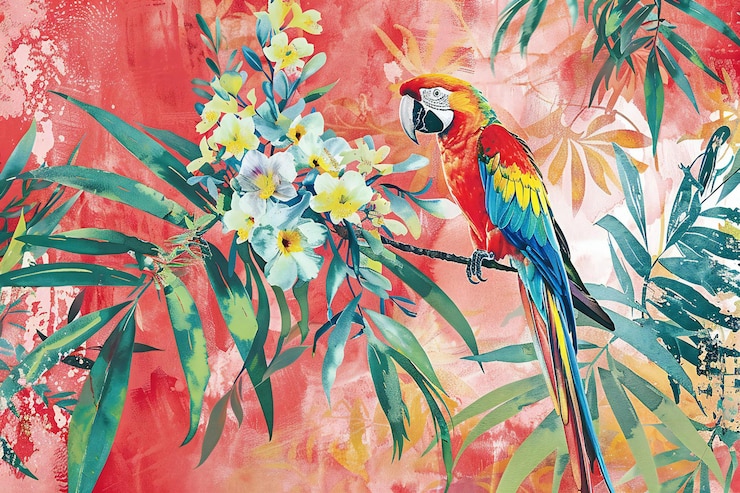 Photo watercolor parrot and tropical flowers on a grunge background