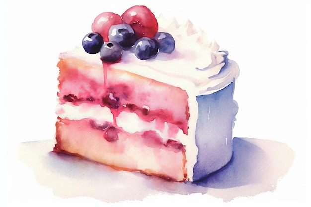 Watercolor party cake slice with a dollop of frosting on white background AI generated