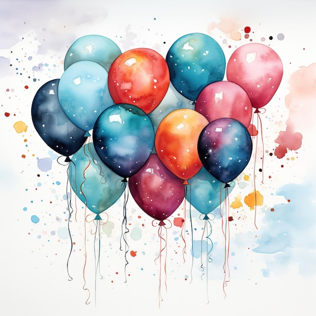 Watercolor party decorations balloons on white background