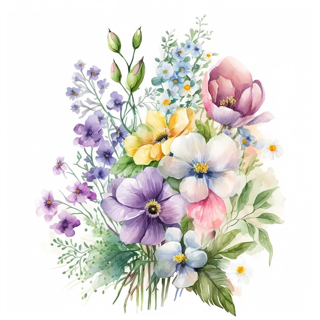 Watercolor pastel colorful flowers bouquet isolated on white background Botanical illustration