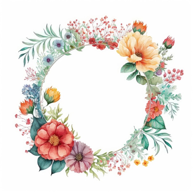 Watercolor pastel floral wreath drawing in circle made from dried flower