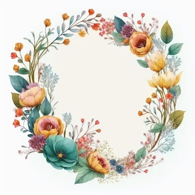 Watercolor pastel floral wreath drawing in circle made from dried flower