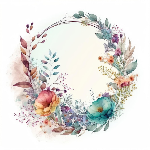 Watercolor pastel floral wreath drawing in circle made from dried flower