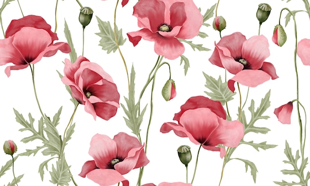 Watercolor pastel pink flowers with green leaves pattern isolated on white background