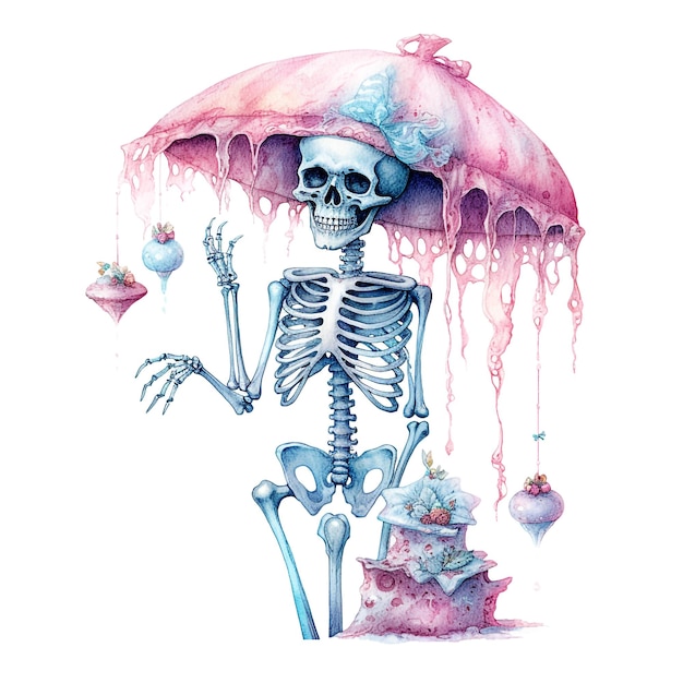 Watercolor pastel purple Halloween skeleton