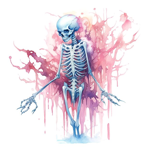 Watercolor pastel purple Halloween skeleton